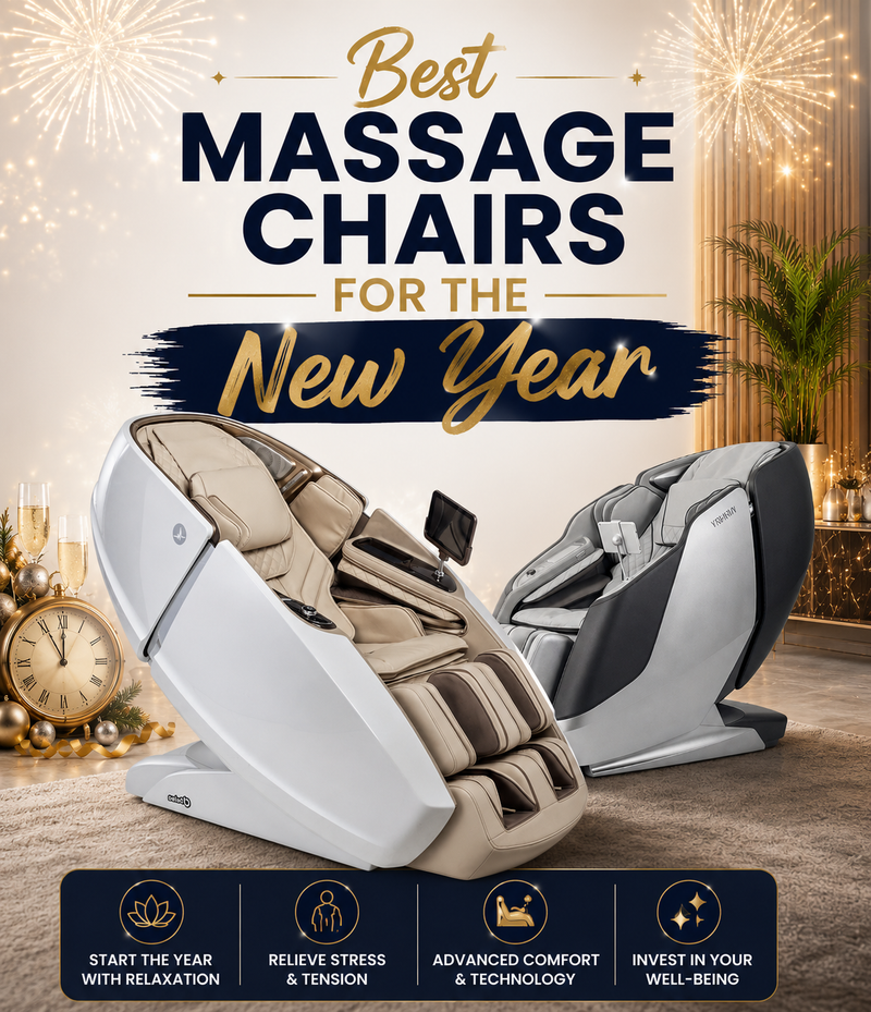 Two modern massage chairs shown in a festive holiday promotional graphic with large text reading 'Best Massage Chairs for the New Year' and feature icons along the bottom.