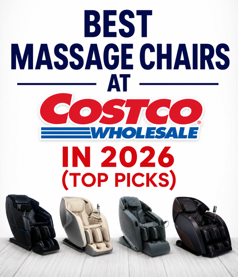 Banner for article titled "Best Massage Chairs at Costco in 2026 (Top Picks)" featuring four massage chairs beneath the Costco Wholesale logo on a light background.