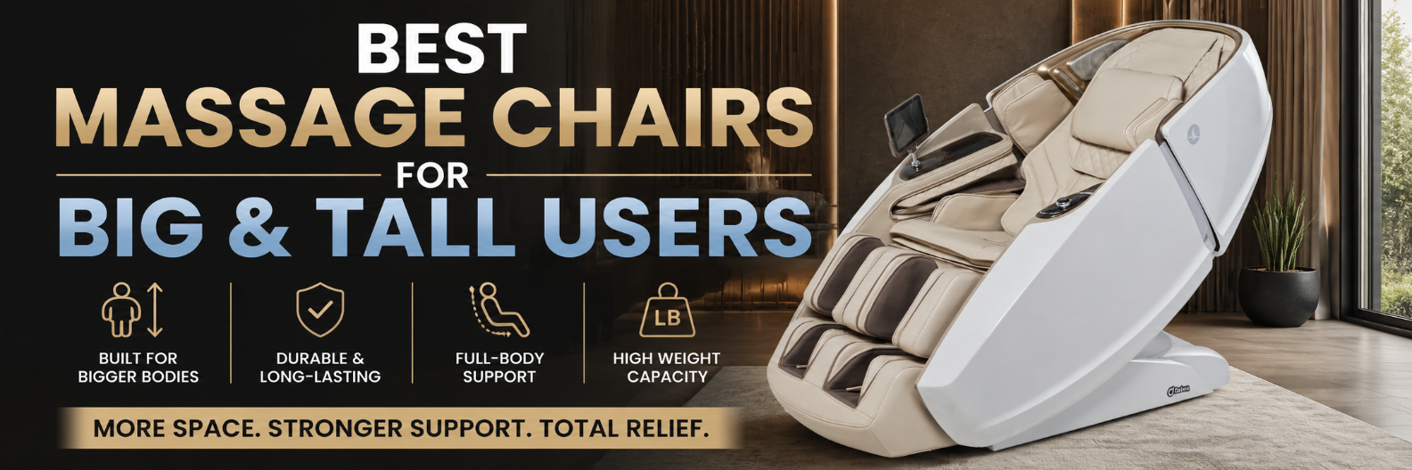 A large white and beige massage chair shown in a home interior setting, with promotional text reading 'BEST MASSAGE CHAIRS FOR BIG & TALL USERS' and feature icons on the left.