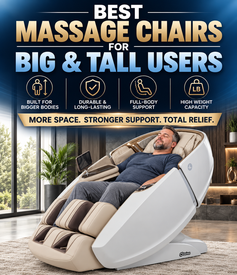 A reclining massage chair shown in a modern living room with a man lying inside it. Large promotional text at the top reads 'BEST MASSAGE CHAIRS FOR BIG & TALL USERS' with feature icons below.