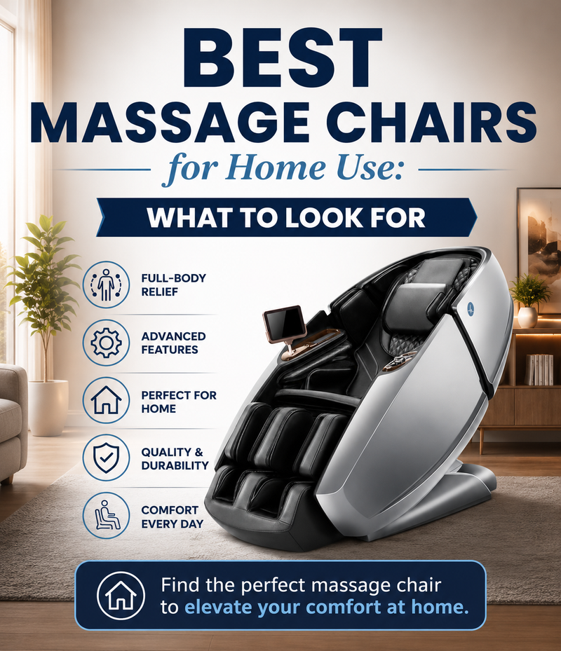 Infographic mobile banner for an article titled Best Massage Chairs for Home Use What to Look For showing the Daiwa Supreme Hybrid X in a modern living room setting.