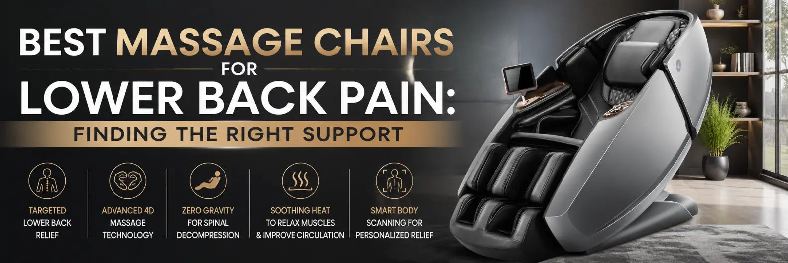 A promotional banner for a massage chair. The right side shows a close-up of a modern gray and black massage chair in a dimly lit room.