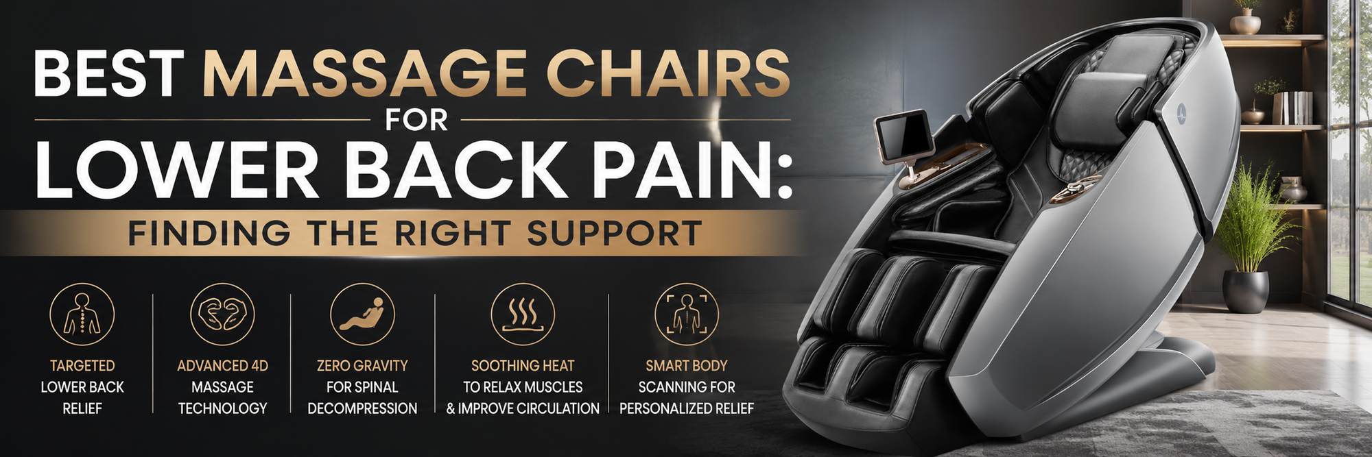 A promotional banner for a massage chair. The right side shows a close-up of a modern gray and black massage chair in a dimly lit room.