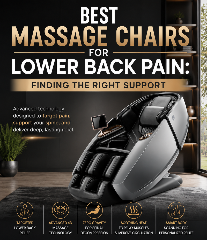 An advertisement for a modern massage chair, featuring a black and gray chair in a home office setting. The text at the top reads 'BEST MASSAGE CHAIRS FOR LOWER BACK PAIN: FINDING THE RIGHT SUPPORT'.