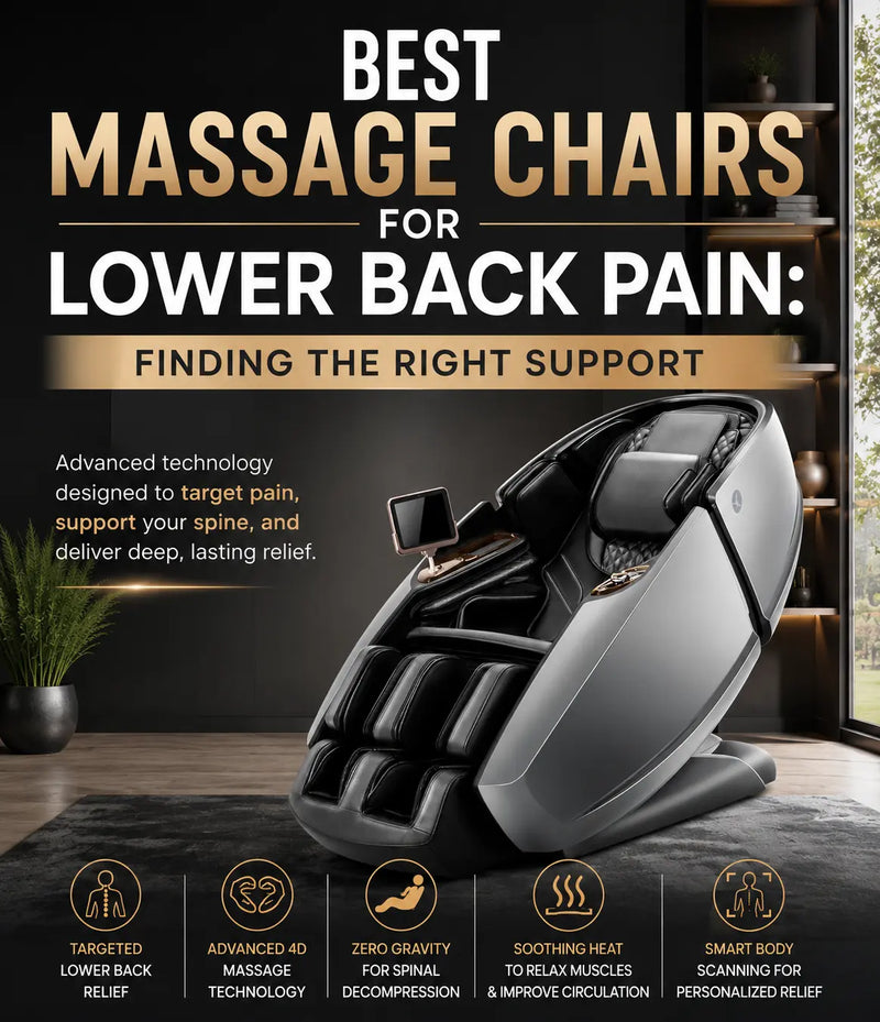 An advertisement for a modern massage chair, featuring a black and gray chair in a home office setting. The text at the top reads 'BEST MASSAGE CHAIRS FOR LOWER BACK PAIN: FINDING THE RIGHT SUPPORT'.
