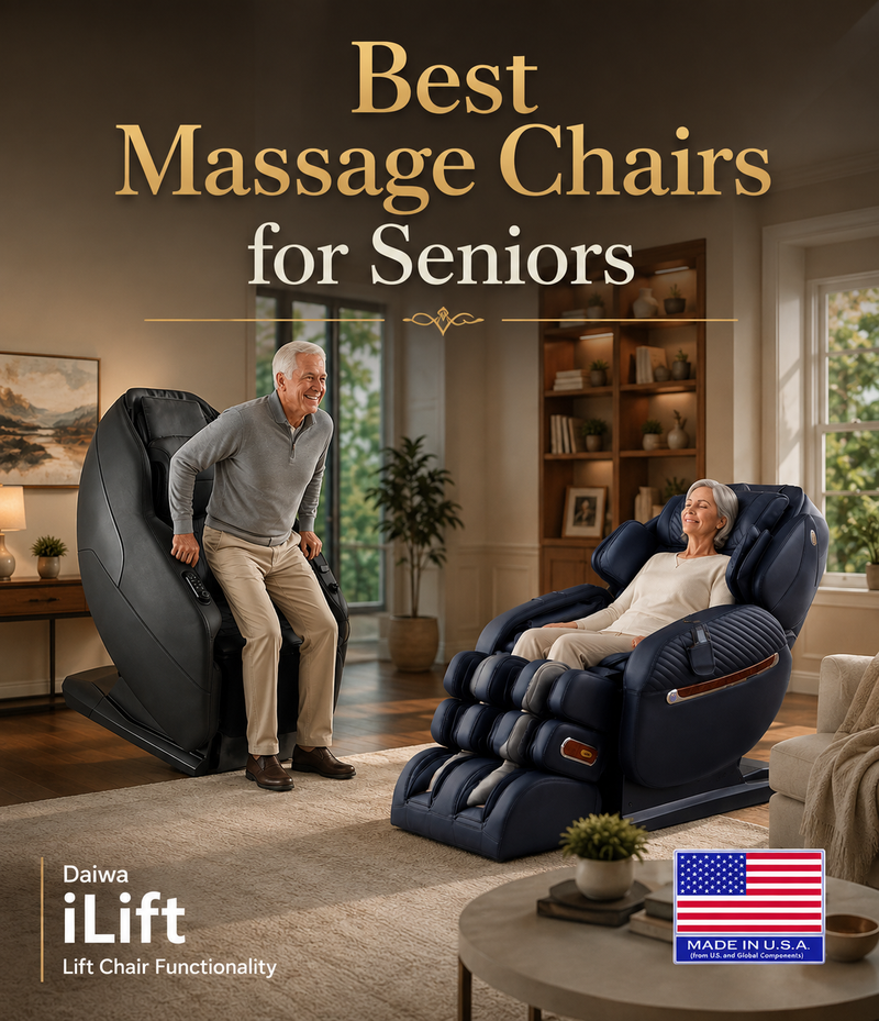 Promotional scene for massage chairs for seniors, showing an older man using a black lift chair and an older woman reclining in a navy massage chair inside a warmly lit living room. Large text reads 'Best Massage Chairs for Seniors,' with Daiwa iLift branding and a Made in USA badge.