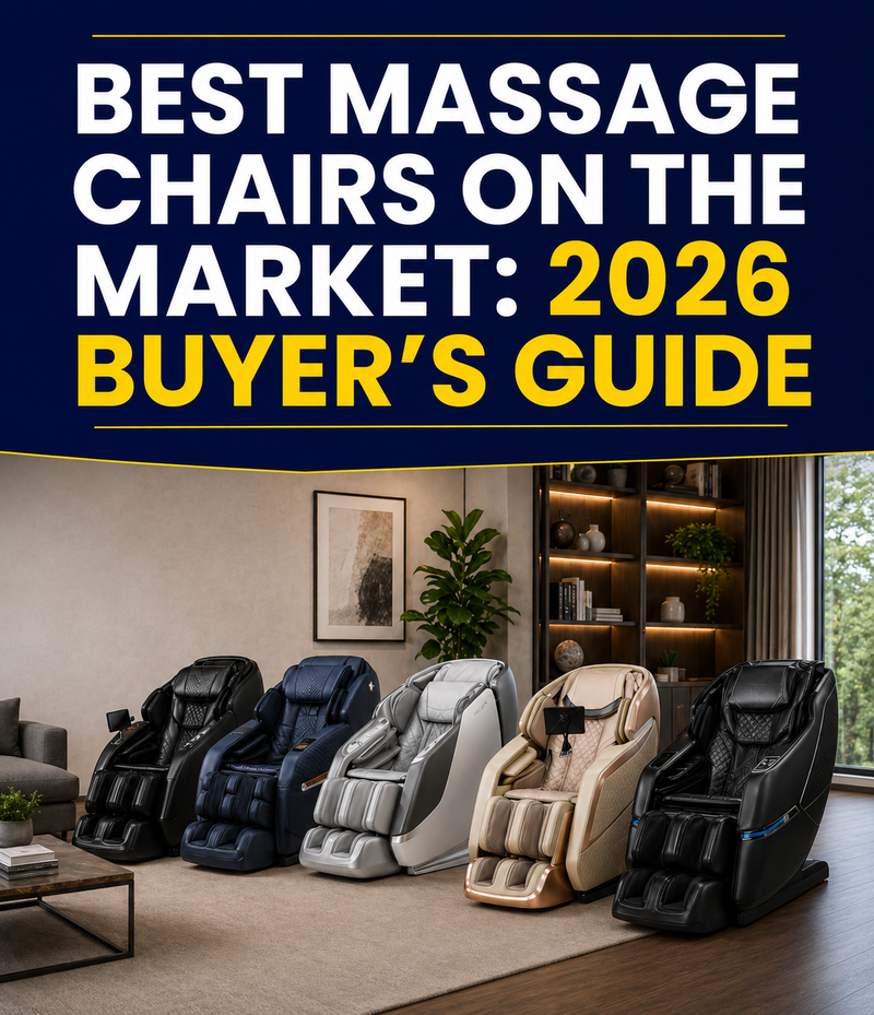 Best massage chairs on the market in 2026 featuring five luxury massage chairs in a modern living room.