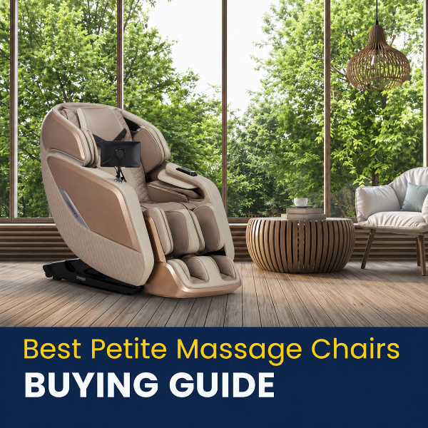 Beige compact massage chair in a modern living room with large windows and greenery, featuring text ‘Best Petite Massage Chairs Buying Guide.'