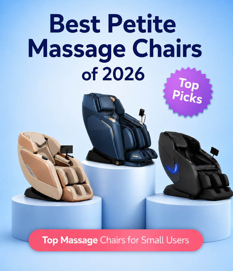 Three massage chairs on podiums with text about the best petite massage chairs of 2026.