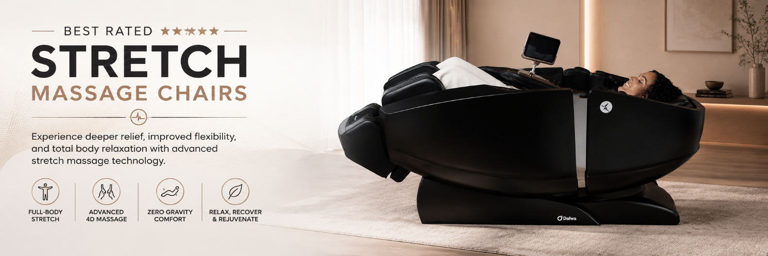 Woman enjoying a relaxing full-body stretch massage in the Daiwa Supreme Hybrid X featured on the Best Rated Stretch Massage Chairs page.