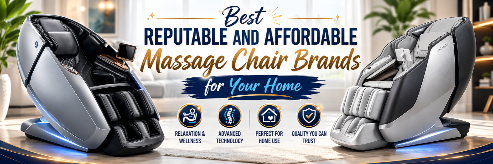 Best reputable and affordable massage chair brands for home use featuring the Daiwa Supreme Hybrid massage chair and Infinity Sensation DualFlex massage chair.