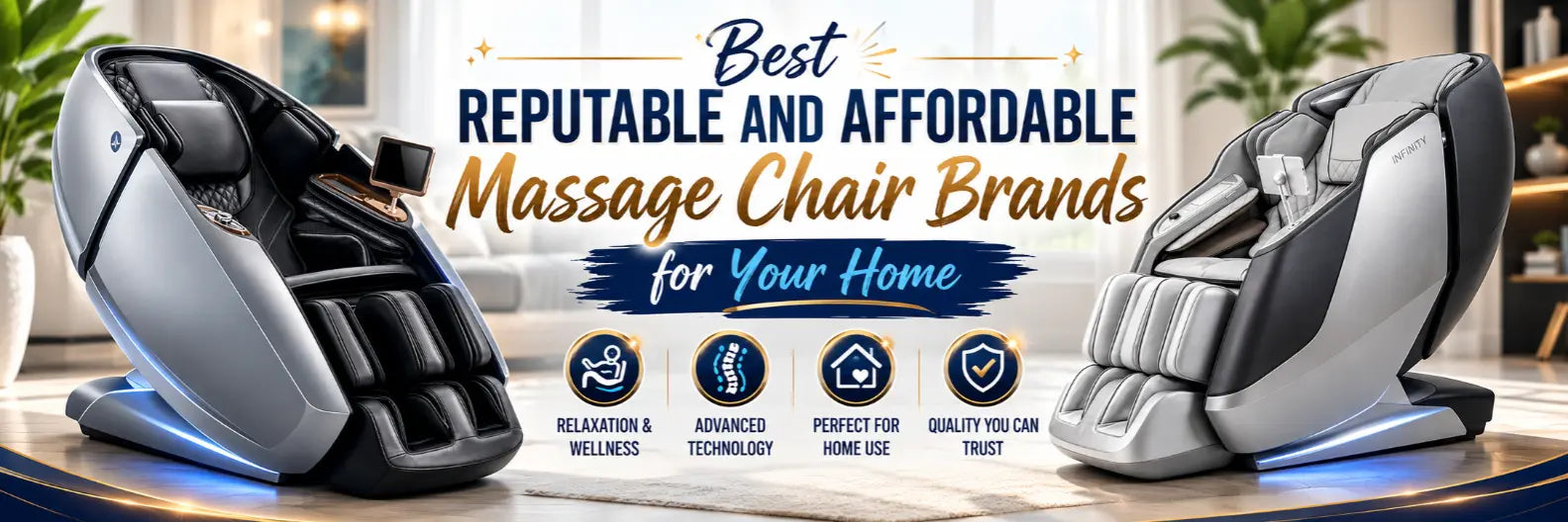 Best reputable and affordable massage chair brands for home use featuring the Daiwa Supreme Hybrid massage chair and Infinity Sensation DualFlex massage chair.