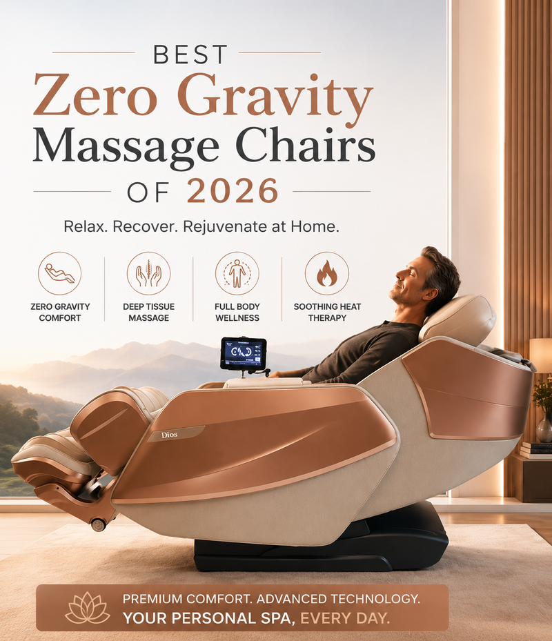 Man reclining in a premium zero gravity massage chair with advanced massage features and full-body wellness benefits.