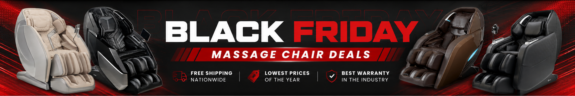 A promotional banner for massage chairs featuring four different models in beige, black, and brown, set against a red and black background with the text 'BLACK FRIDAY MASSAGE CHAIR DEALS'.