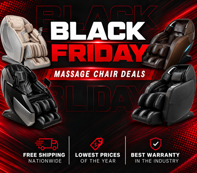 Promotional graphic for a Black Friday massage chair deal, showing four massage chairs in different colors (beige, brown, black, and gray) on a red and black background with text overlays.