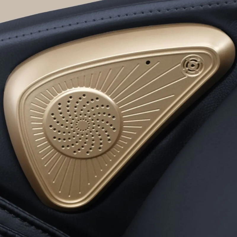 Close-up of Daiwa Rumba massage chair Bluetooth speakers integrated into the headrest for wireless music and sound therapy.