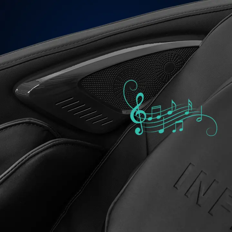 Close-up of the Infinity Solstice Deluxe Massage Chair's Bluetooth speakers integrated into the headrest, allowing users to wirelessly stream music, guided meditations, or ambient sounds from their devices to enhance the massage experience.