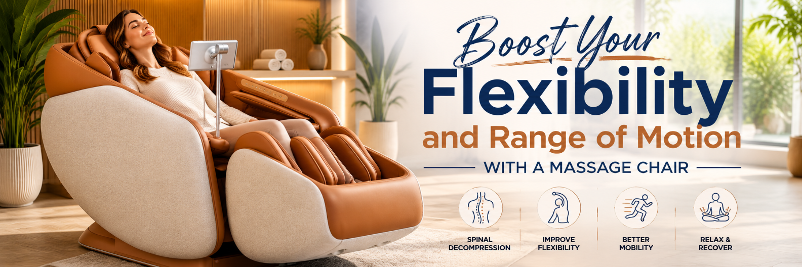 Woman relaxing in a Ceragem Pause M10 massage chair in a luxury wellness center, highlighting how massage chairs improve flexibility and range of motion.
