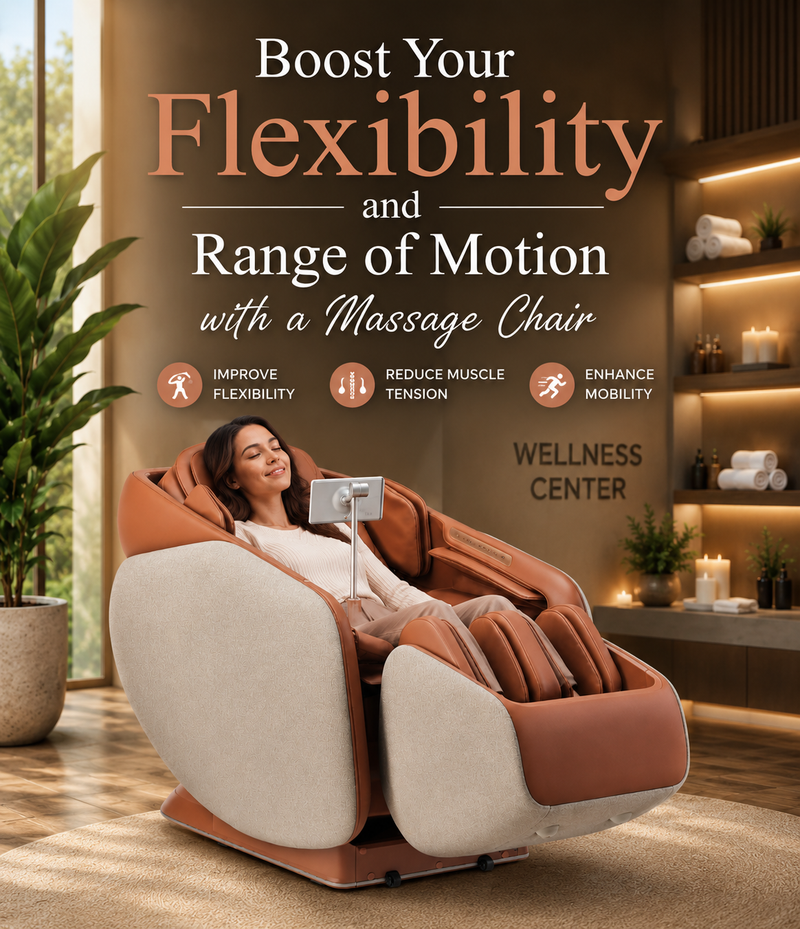 Ceragem Pause M10 massage chair in a modern wellness center with a woman enjoying a full-body massage to boost flexibility, mobility, and range of motion.