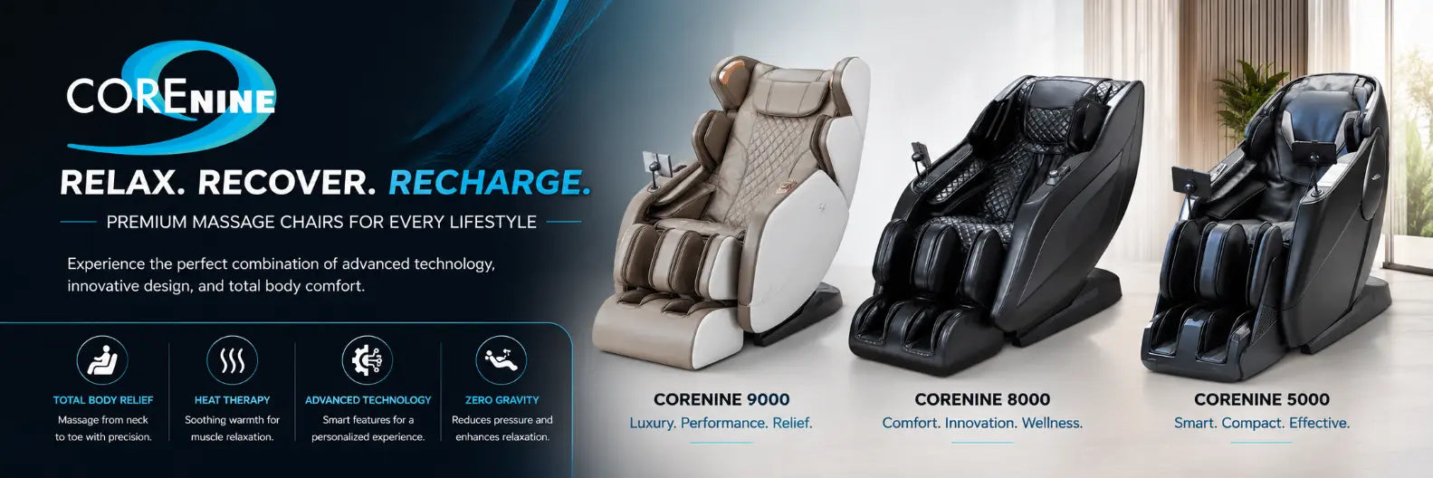 A promotional banner for CORENINE massage chairs showing three models: the CORENINE 9000 in beige, the CORENINE 8000 in black, and the CORENINE 5000 in black. The left side features branding, taglines, and feature icons on a dark blue background, while the right side shows the chairs in a bright, modern room setting.