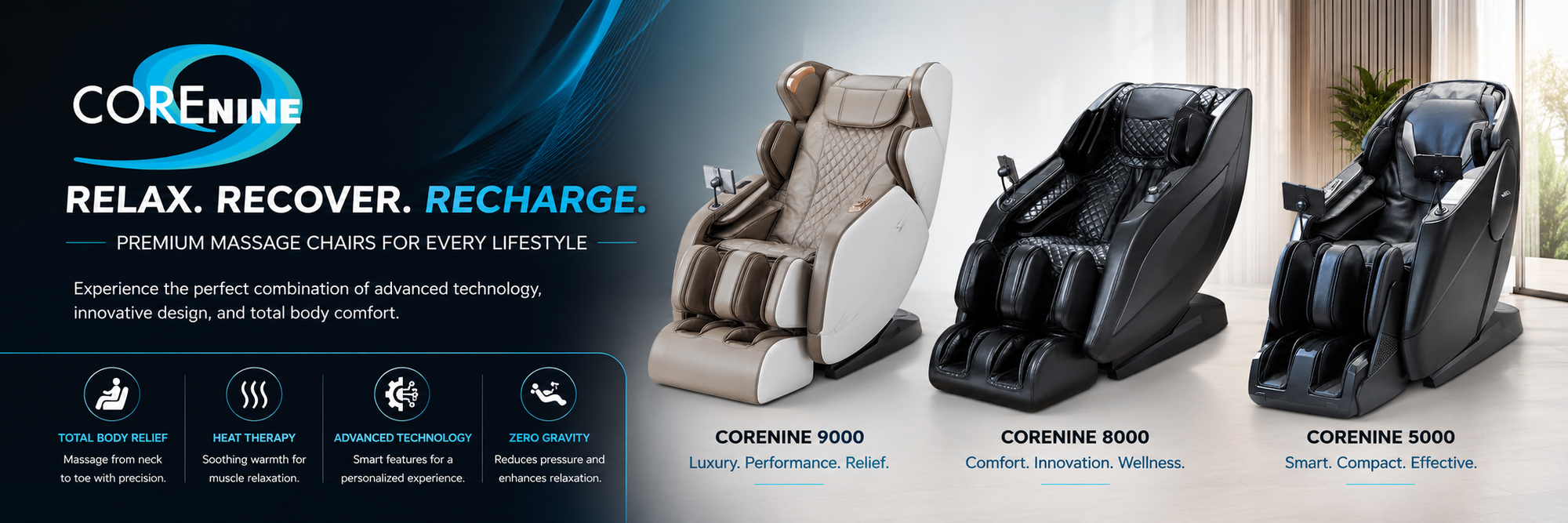 A promotional banner for CORENINE massage chairs showing three models: the CORENINE 9000 in beige, the CORENINE 8000 in black, and the CORENINE 5000 in black. The left side features branding, taglines, and feature icons on a dark blue background, while the right side shows the chairs in a bright, modern room setting.
