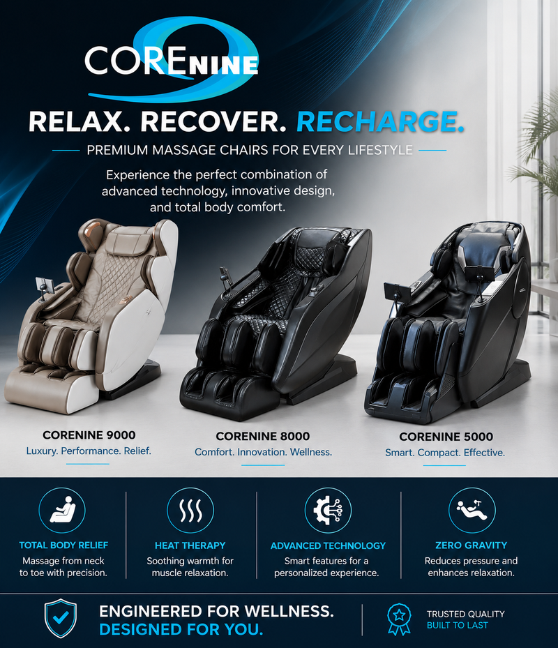 A promotional graphic for Corenine massage chairs showing three models: Corenine 9000 in beige and white, Corenine 8000 in black, and Corenine 5000 in black. The image includes marketing text, feature icons, and the Corenine brand logo.