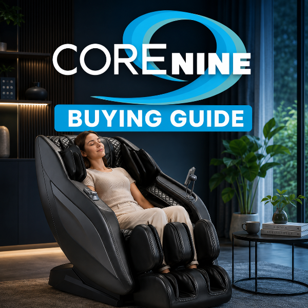 COREnine massage chair buying guide thumbnail featuring a person relaxing in a COREnine C650 massage chair in a modern, calming living space with blue “COREnine” branding and “BUYING GUIDE” text overlay.