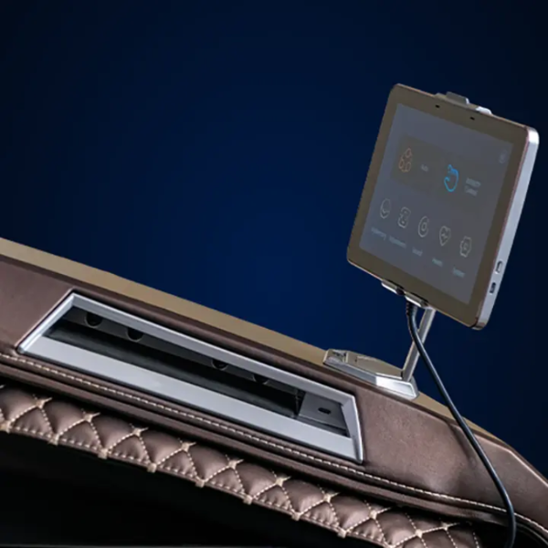 Illustration of the wireless charging pad and USB-C charging port for conveniently powering compatible smartphones and devices during a massage.