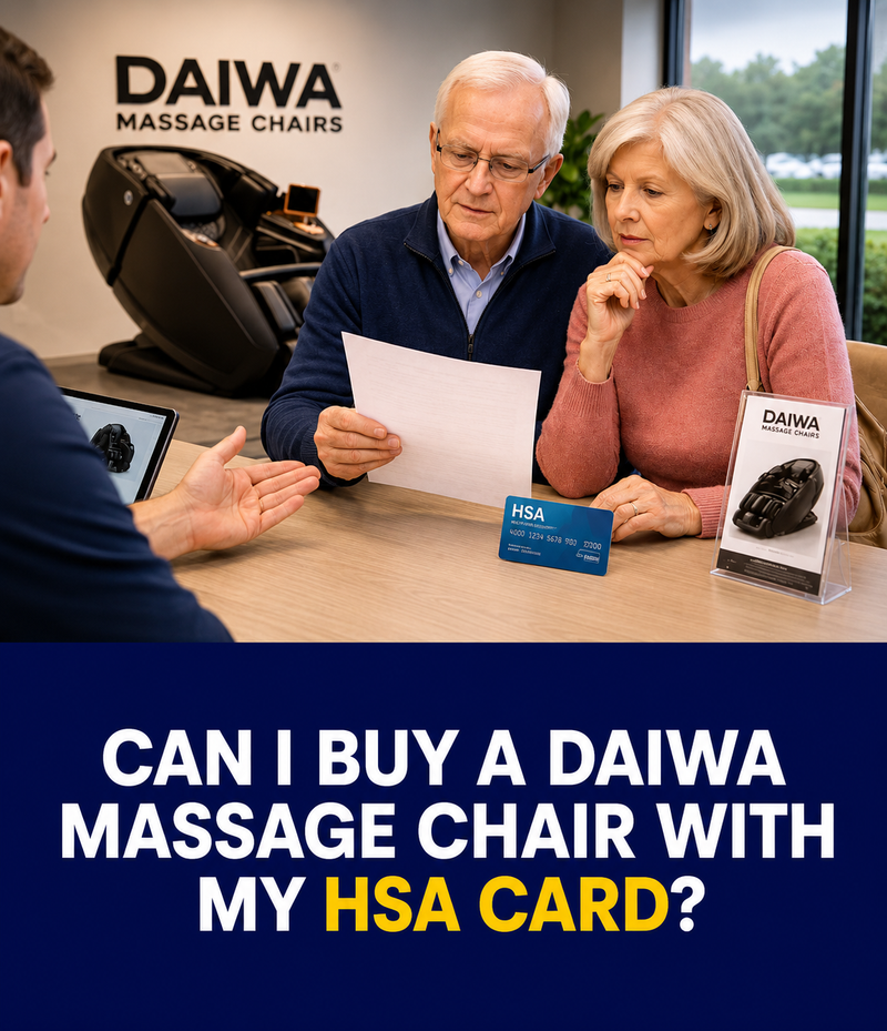 Daiwa massage chair with HSA card eligibility information, explaining how to use Health Savings Account funds to purchase a therapeutic massage chair for home wellness and pain relief.