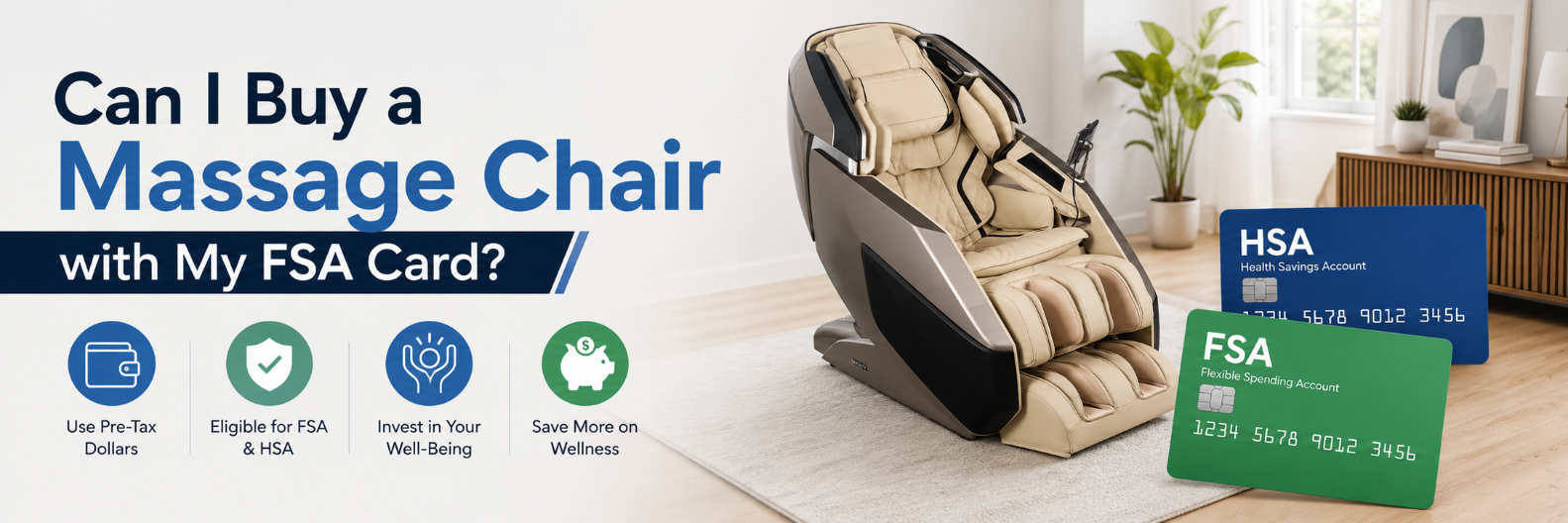 Premium massage chair displayed with FSA and HSA cards alongside information about using flexible spending account funds to purchase eligible massage chairs.