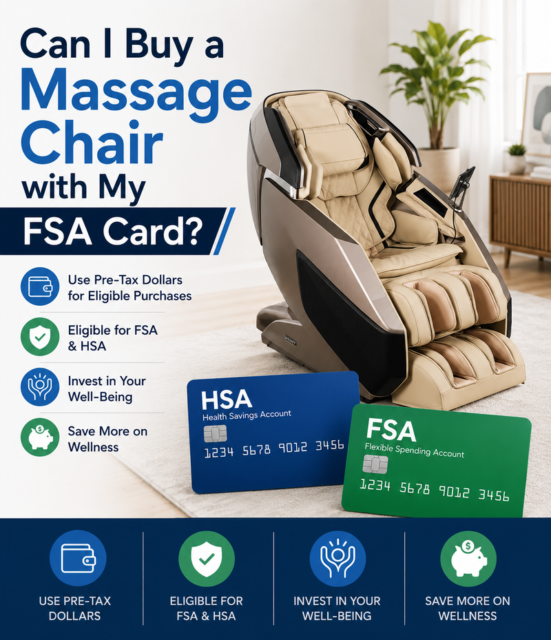Mobile infographic featuring a luxury massage chair, FSA and HSA cards, and information about using pre-tax healthcare funds for massage chair purchases.