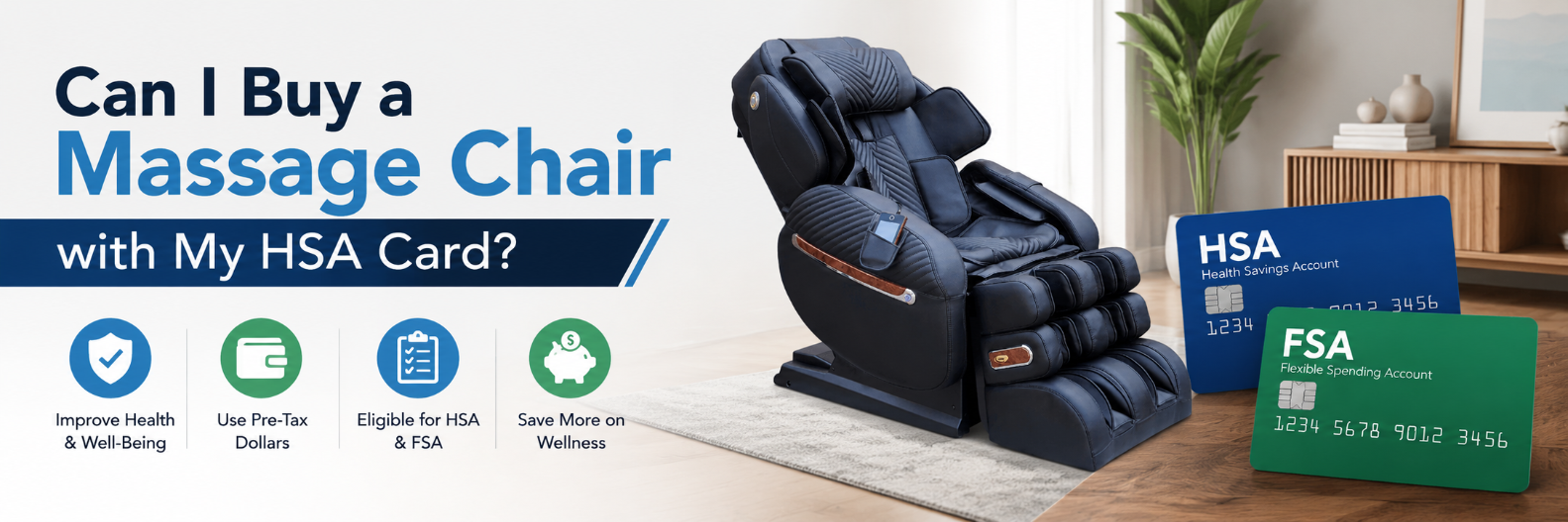 Luxury massage chair displayed beside HSA and FSA cards with article title asking whether a massage chair can be purchased using an HSA card.