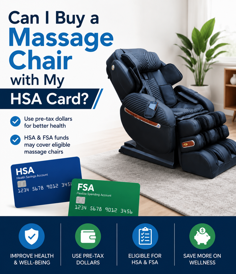 Mobile infographic featuring a luxury massage chair, HSA and FSA cards, and information about using pre-tax healthcare funds to purchase eligible massage chairs.