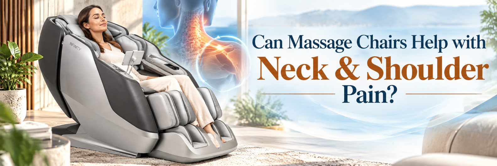 Woman relaxing in an Infinity massage chair with neck and shoulder areas highlighted for targeted massage relief.
