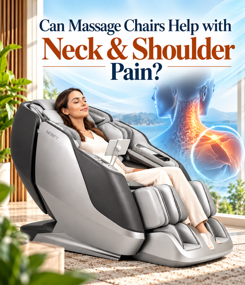 Woman reclining in an Infinity massage chair with a visual highlighting neck and shoulder pain and targeted massage.