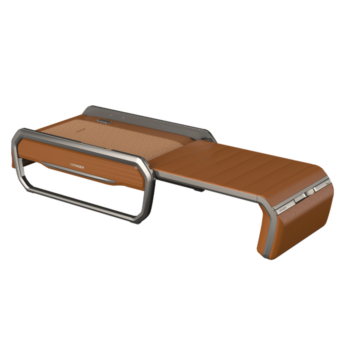 The Ceragem V6 Massage Bed comes in Camel Brown and utilizes cutting-edge spinal scanning technology and adjustable massage features, including heat therapy, to provide a highly personalized and effective full-body relaxation experience.