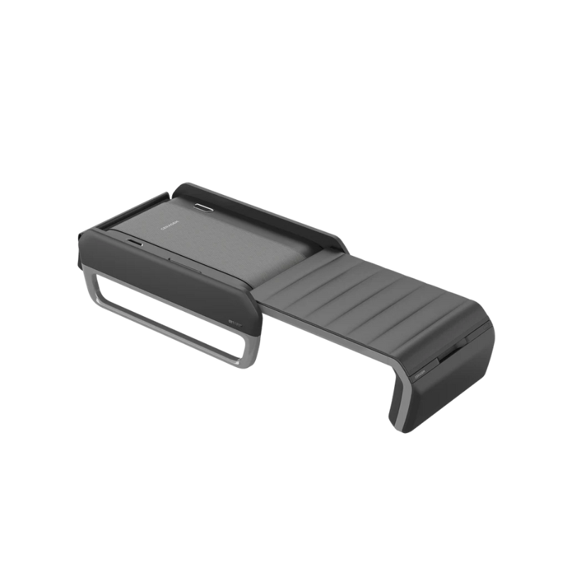 Angled view of the Ceragem V7 therapeutic massage bed showcasing the black color, featuring a modern foldable design with advanced thermal spinal massage technology.