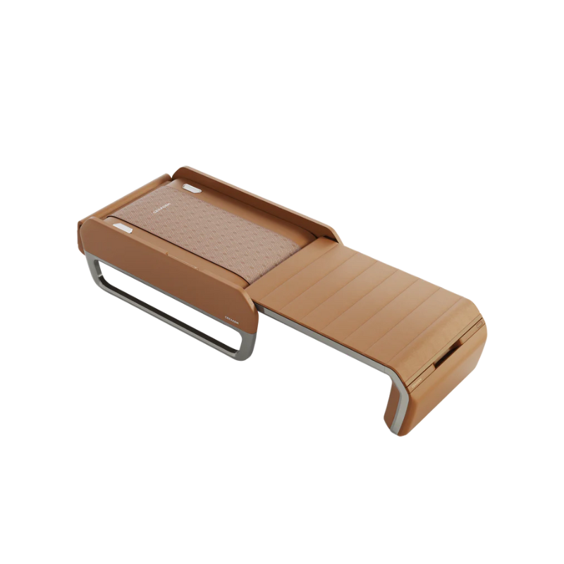Ceragem V7 heated therapeutic massage bed shown from an angled perspective in the brown color options with a modern luxury wellness design.