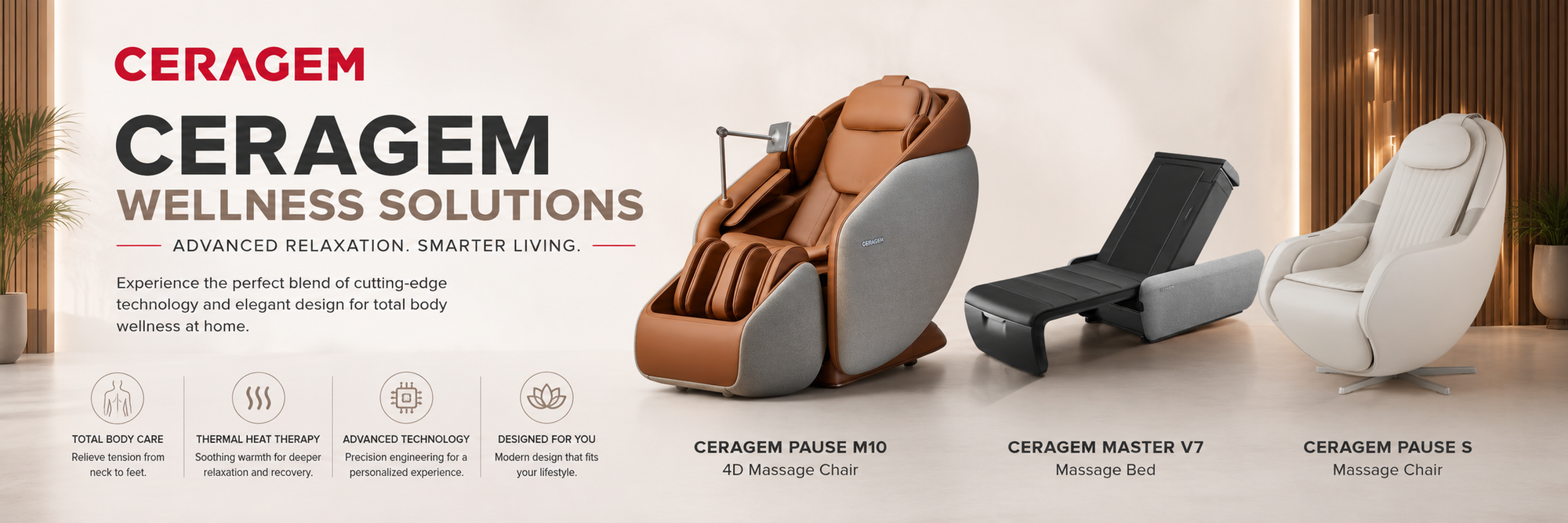 Ceramag wellness solutions banner showing three massage chairs: the Ceragam Pause M6 in brown, the Ceragam Master V7 in black, and the Ceragam Pause 5 in white, set against a warm beige background with interior decor.