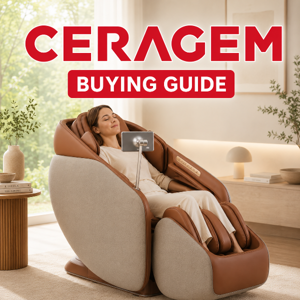 Ceragem massage chair buying guide thumbnail featuring a person relaxing in a Ceragem Pause M10 chair in a bright, tranquil living space with large red “CERAGEM” title and “BUYING GUIDE” text overlay.