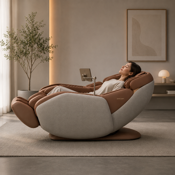 Woman receiving a therapeutic massage in the Ceragem Pause M10 zero gravity massage chair with heat therapy in a modern living space.