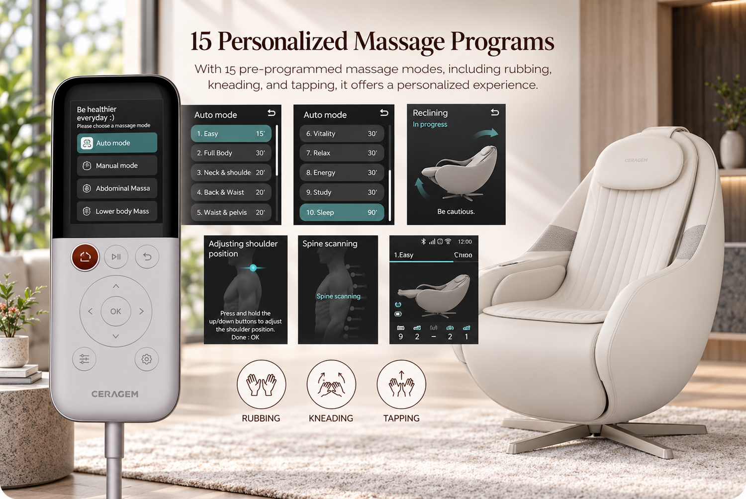 Ceragem Pause M6s massage chair comes equipped with 15 Personalized Massage Programs.