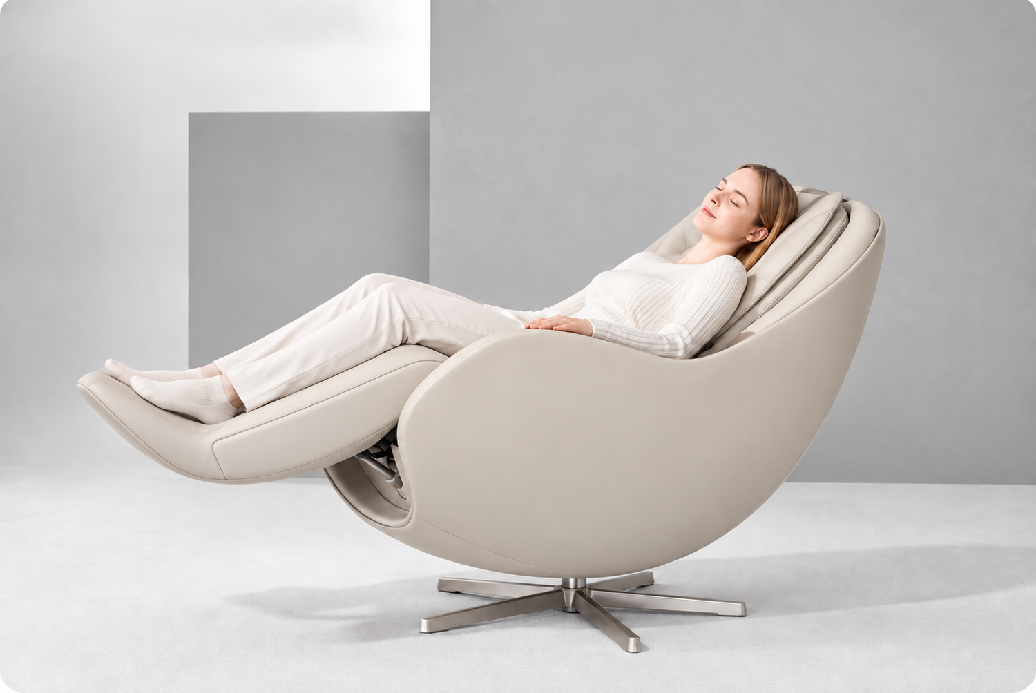 Woman relaxing in the Ceragem Pause M6s Massage Chair with Thermal Boost Technology.