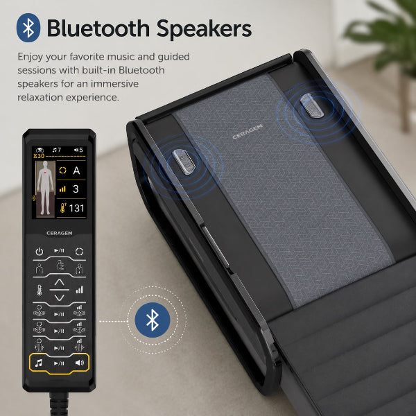 Ceragem V6 massage bed with highlighted built-in Bluetooth speakers and remote control, showing wireless audio connectivity for an enhanced relaxation experience.