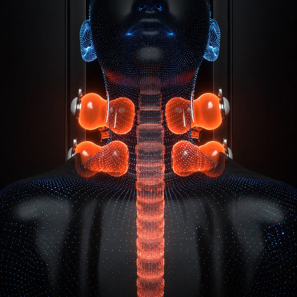 Close-up of glowing heated massage rollers applying warmth along the spine, with a digital human outline highlighting the neck and back for targeted relief.