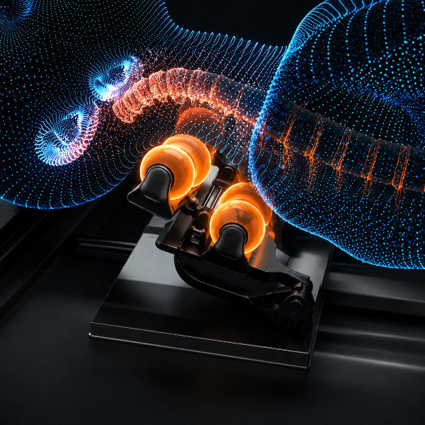 Close-up of glowing orange massage rollers targeting the neck and upper spine, with a digital human outline illustrating precise cervical and spinal alignment in a high-tech visualization.