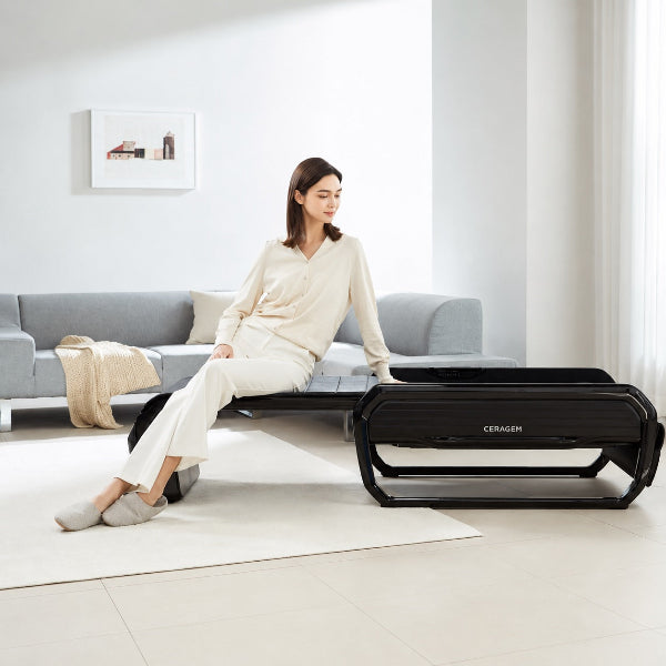 The Ceragem V6 massage bed enhances daily physical and mental well-being by providing muscle relief, energy restoration, and thermal therapy, which helps relax and revitalize the body, reduce stress, and improve overall health.