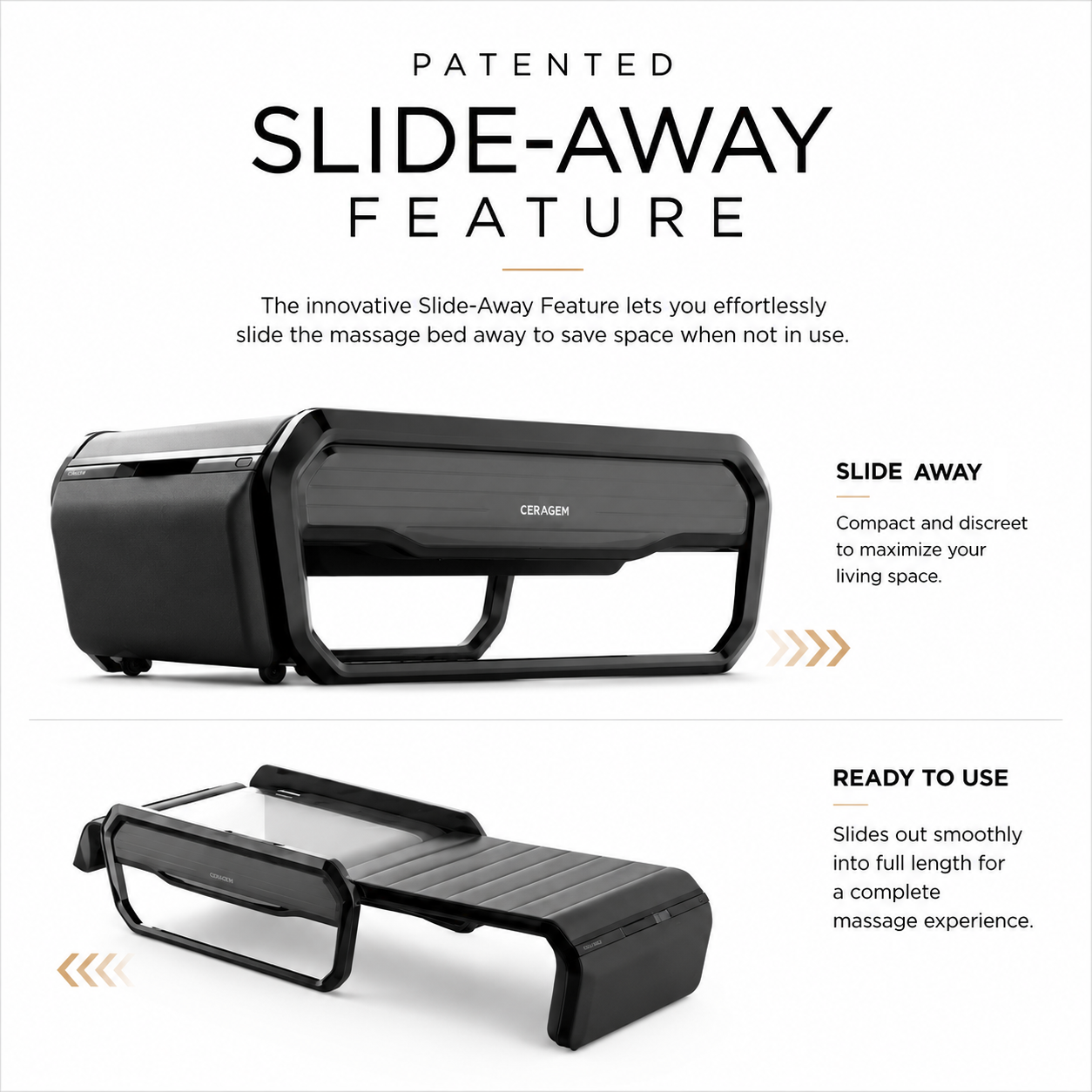 Promotional graphic showing the Ceragem massage bed demonstrating the Slide-Away feature, with one image in a compact stored position and another fully extended, alongside text explaining space-saving functionality.