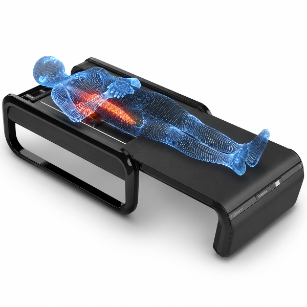 Ceragem massage bed on a white background with a digital human outline lying on top, highlighting the spine in red to illustrate spinal scanning and personalized massage technology.