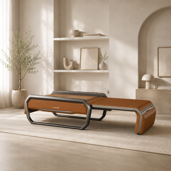 Ceragem V6 massage bed in camel brown displayed in a minimalist room with warm neutral tones, natural textures, and contemporary furnishings.